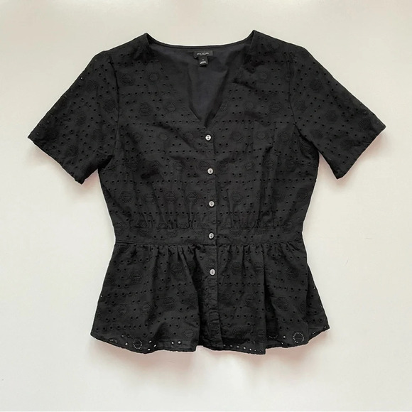 Ann Taylor Factory Size 2 Black Lightweight Flowy Cutout Top Peplum Blouse - Picture 2 of 11